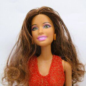 Mattel Barbie Doll Brunette Green Eyes Glitter Red Dress 2003 Head 1999 Body Col
